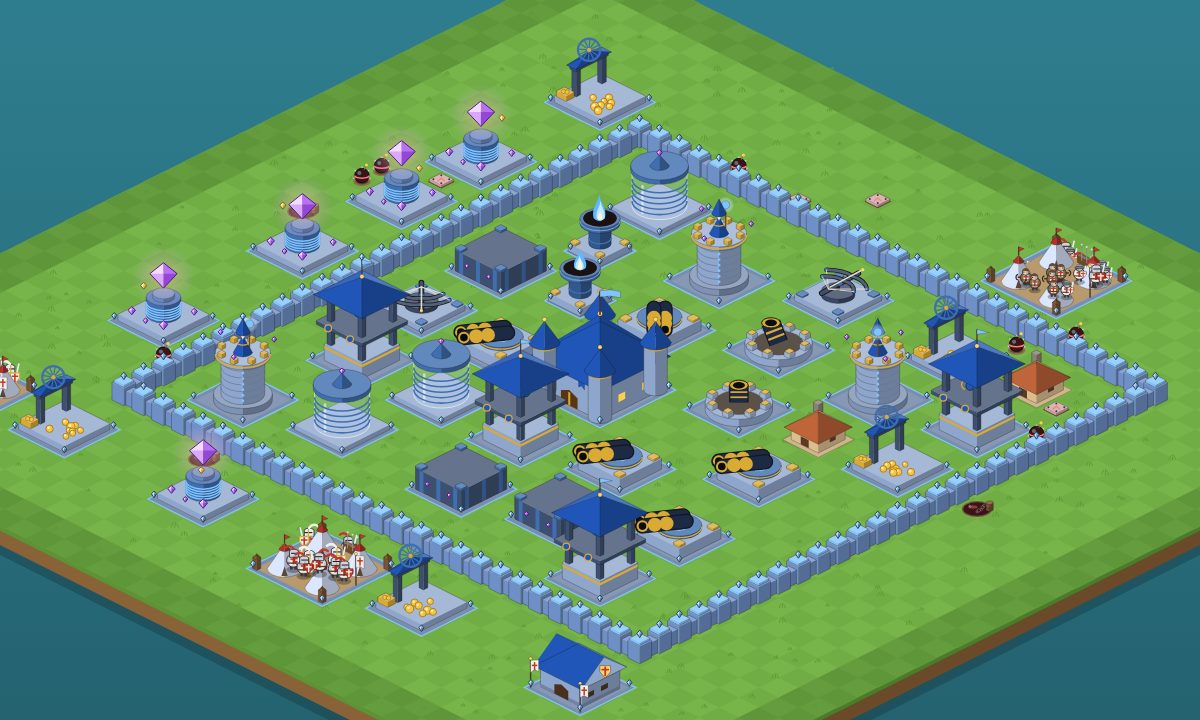 A fortified island base in Bulwark, with stone walls, towers, cannons and camps of knights